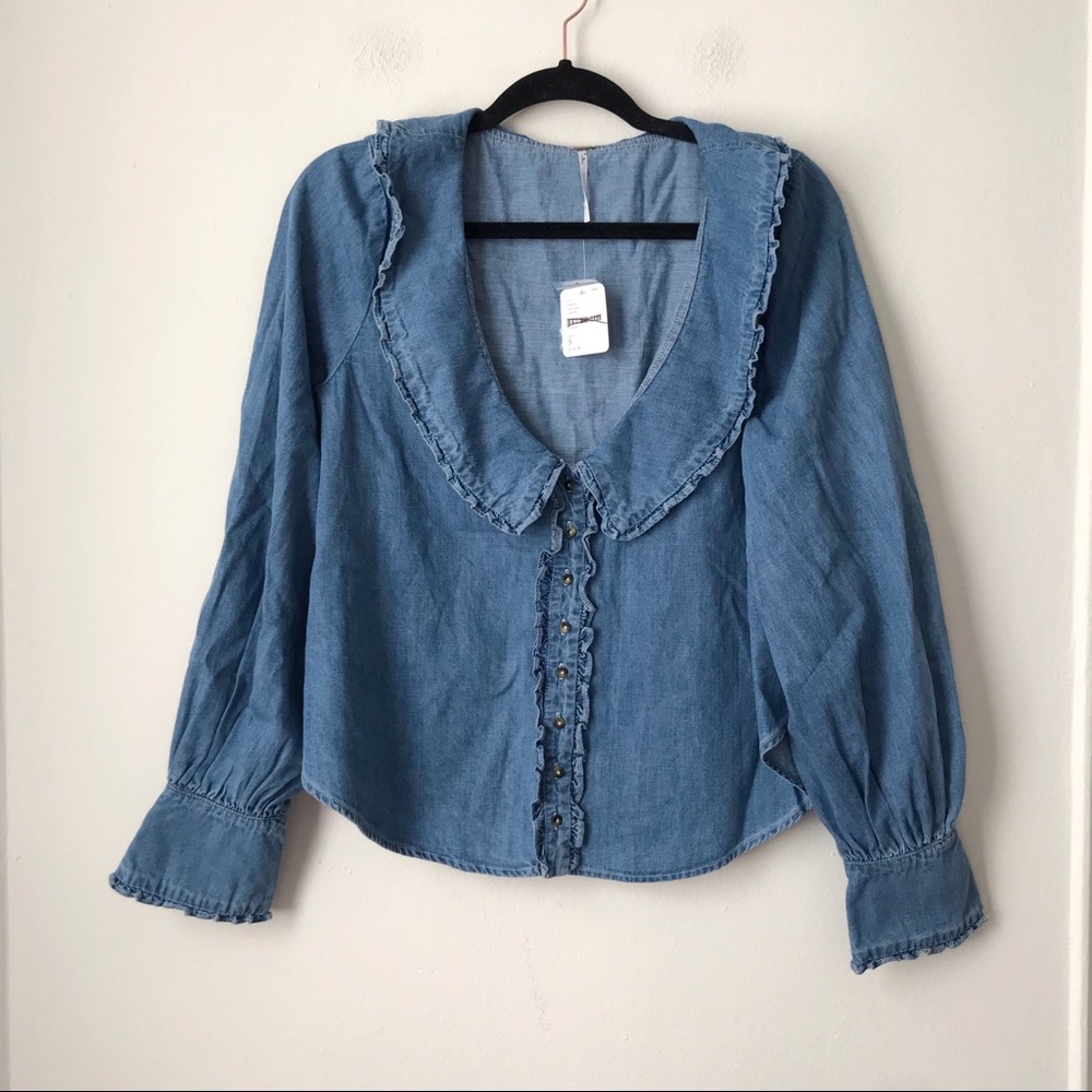 Free People Denim Ruffle Top